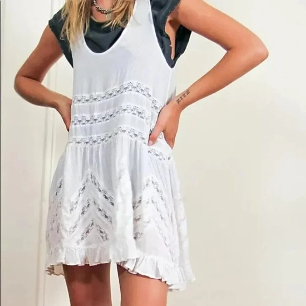 Free People White Voile & Lace Trapeze Slip Dress | Boho Cottagecore Grunge M - Picture 1 of 16